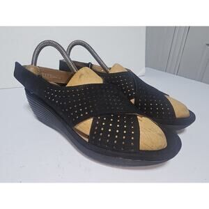 Clarks Artisan Perforated Suede Black Wedge Slingback Sandal Size 8.5 Nice